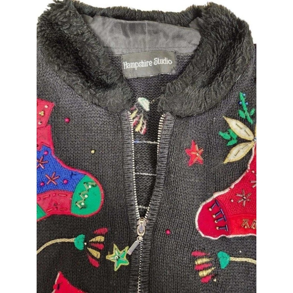 Hampshire Studio Size 2X Black Beaded Full Zip Stocking Christmas Sweater - Picture 3 of 4
